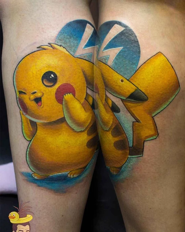 Cartoon Pikachu, Pokemon tattoo на Thigh