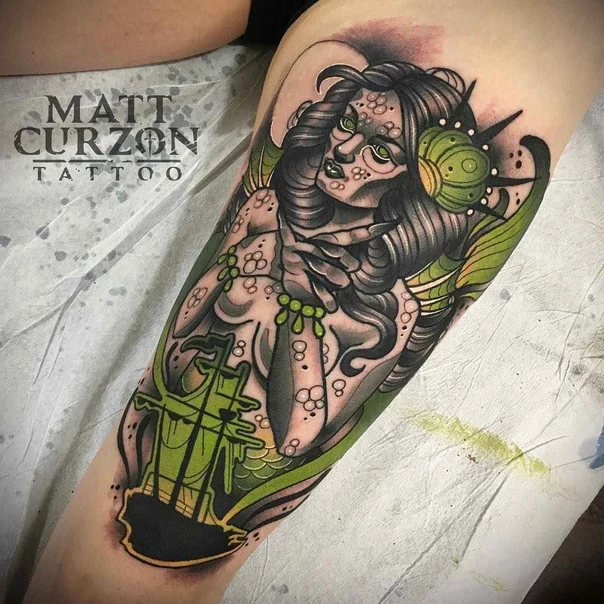 Neo Traditional Mermaid, Ship tattoo on Forearm