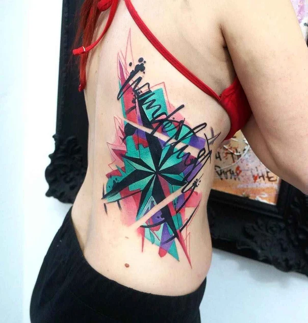 Abstract Compass, Lettering tattoo on Ribcage