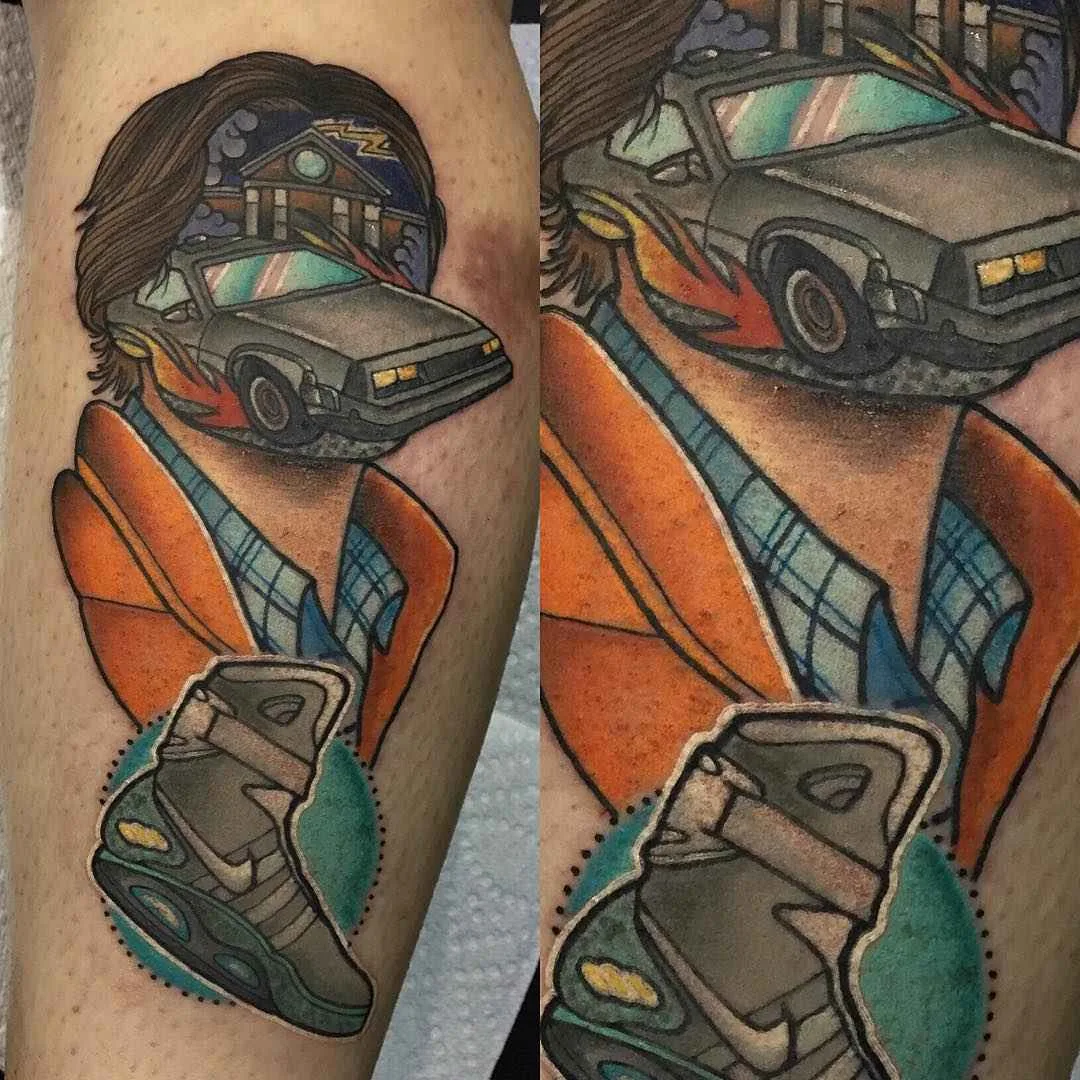 Artista dei tatuaggi Jay Joree, stile neo tradizionale colorato, ritratto astratto, tatuaggio geometrico