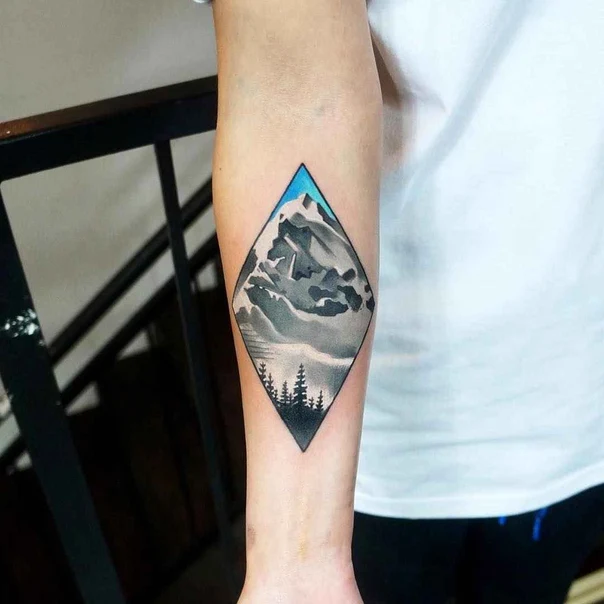 Black & Grey Mountain, Trees tattoo on Forearm