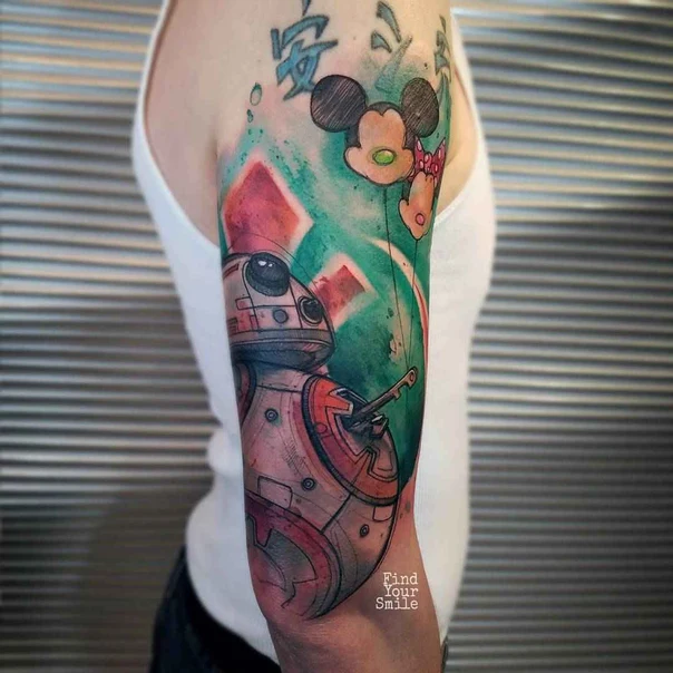 Watercolor Bb8, Mickey mouse tattoo on Full Sleeve