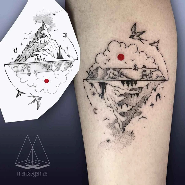 Linework Mountain, Birds tattoo on Forearm