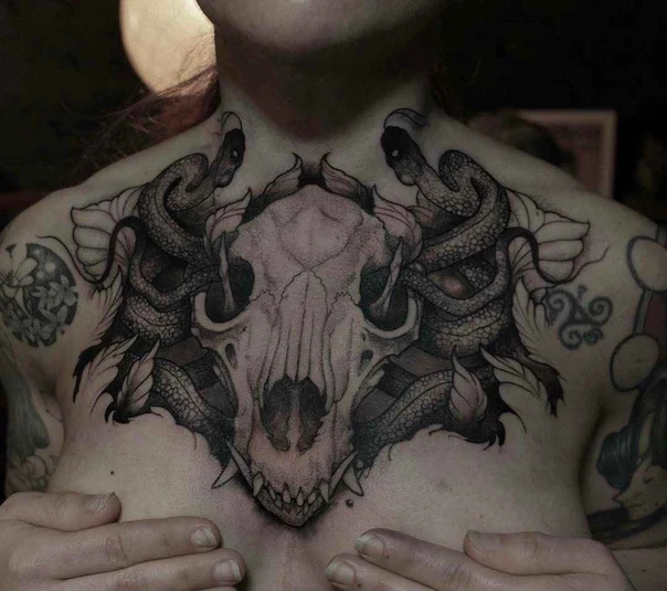 Black & Grey Skull, Snake tattoo on Chest