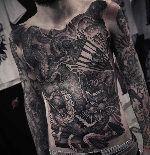 Blackwork Cat, Octopus tattoo on Chest