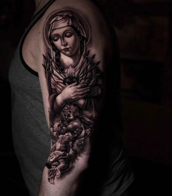 Realism Religious, Angel tattoo on Upper Arm