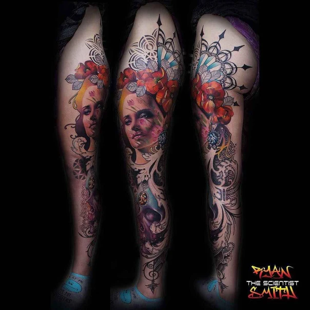 Realism Portrait, Flowers tattoo on Full leg