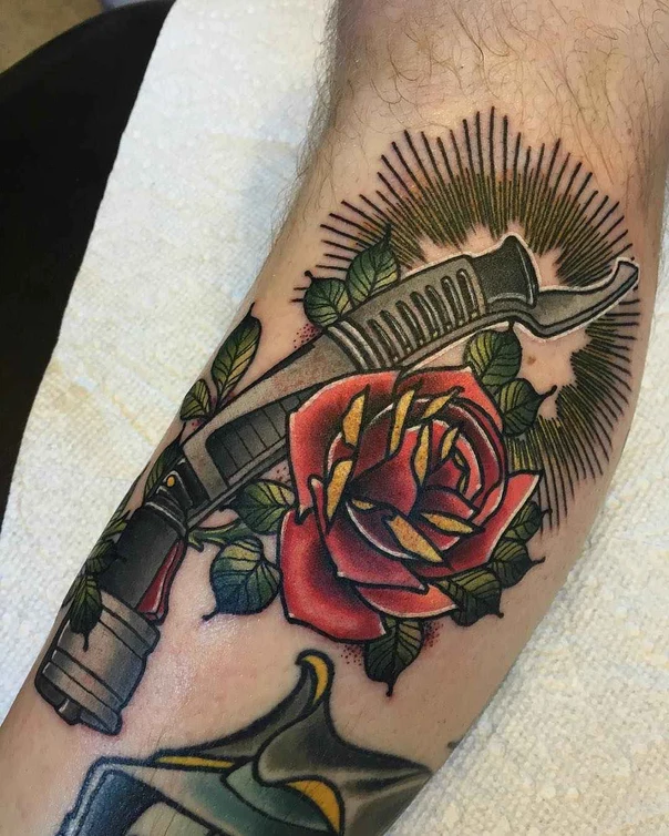 Traditional Rose, Knife tattoo on Forearm
