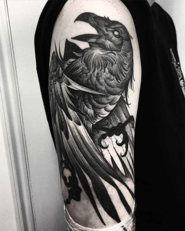 Blackwork Raven tattoo on Full Sleeve