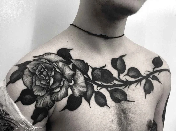 Blackwork Rose, Leaves tattoo on Chest