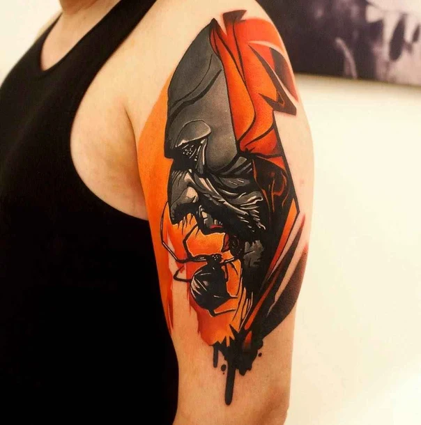 Illustrative Spider, Skull tattoo on Upper Arm