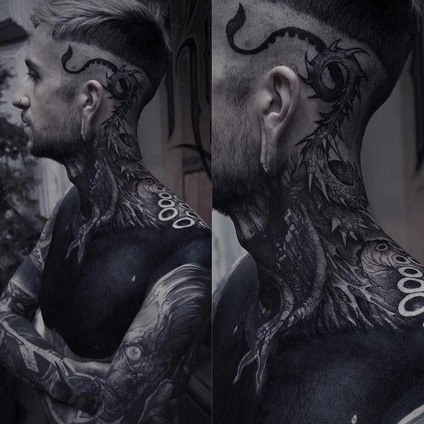 Blackwork Dragon, Organic tattoo on Neck