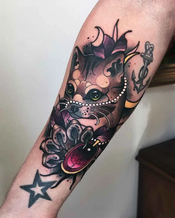 Neo Traditional Cat, Anchor tattoo on Forearm