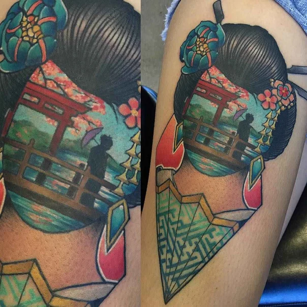 Japanese Geisha, Landscape tattoo on Thigh