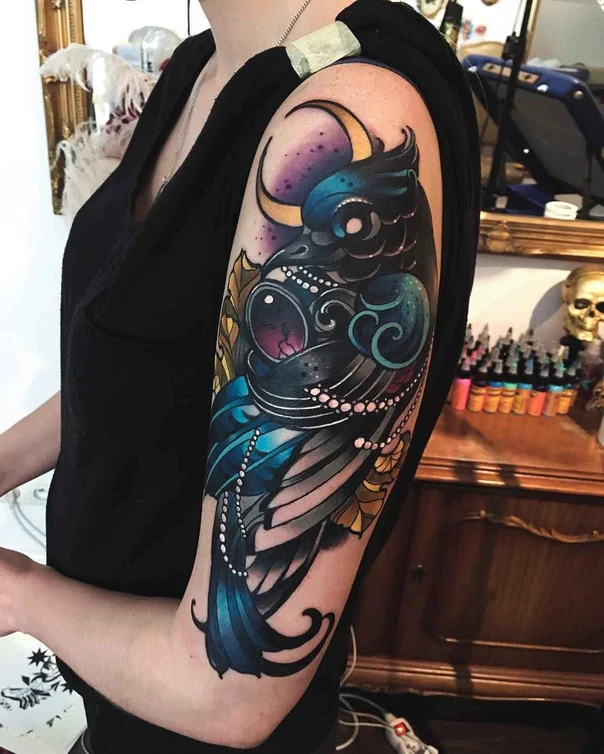 Neo Traditional Owl, Moon tattoo on Full Sleeve