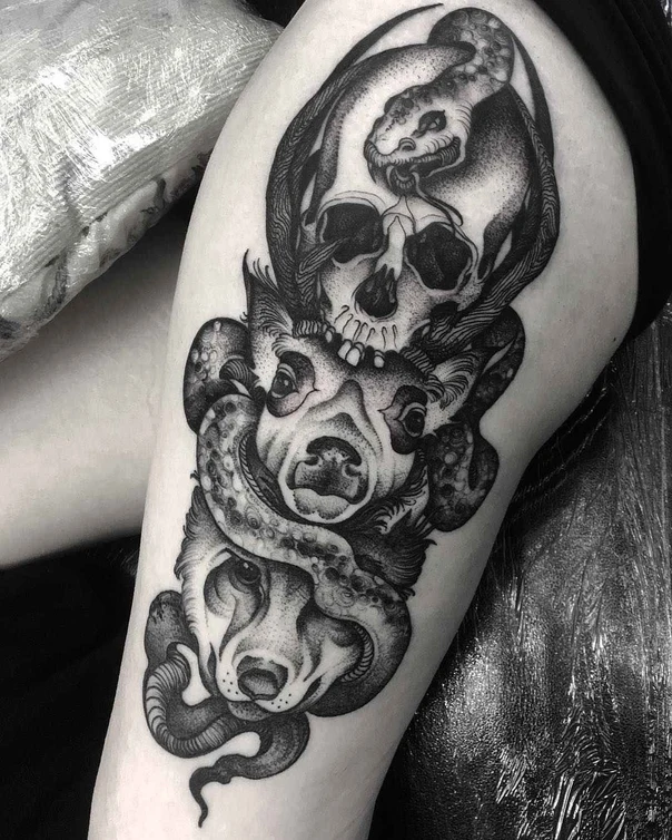 Blackwork Skull, Snake tattoo on Thigh