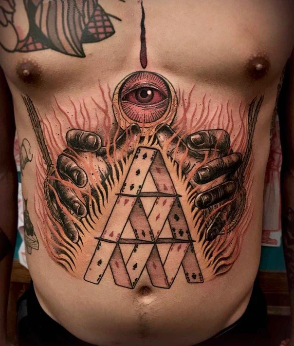 Illustrative Eye, Hands tattoo on Stomach