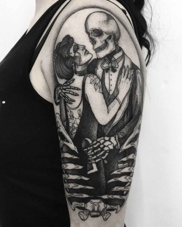 Blackwork Skeleton, Couple tattoo on Upper Arm