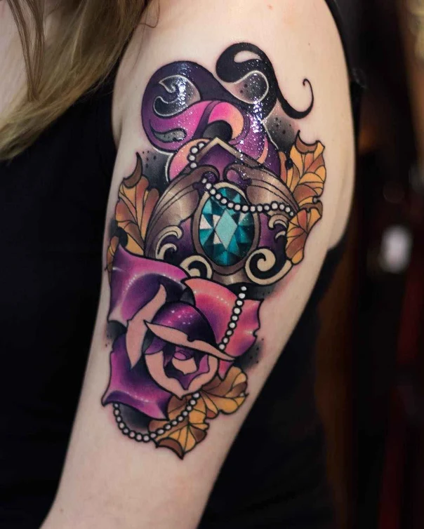 Neo Traditional Rose, Jewel tattoo on Shoulder