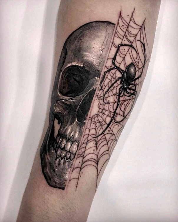 Black & Grey Skull, Spider tattoo on Forearm