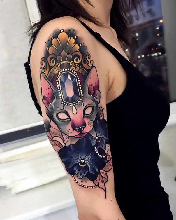 Neo Traditional Cat, Floral tattoo on Upper Arm