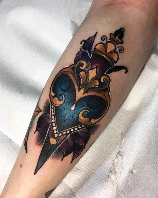Neo Traditional Heart, Dagger tattoo on Forearm