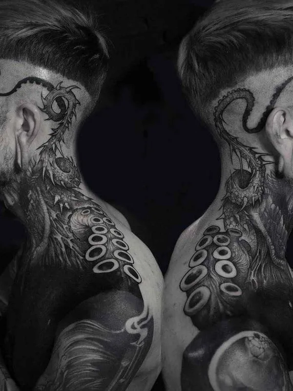 male black and grey blackwork tattoo on neck #8932 | Tattoo Artist Rob Borbas