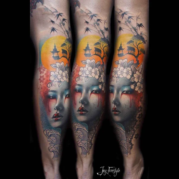 Japanese Geisha, Cherry blossoms tattoo on Calf