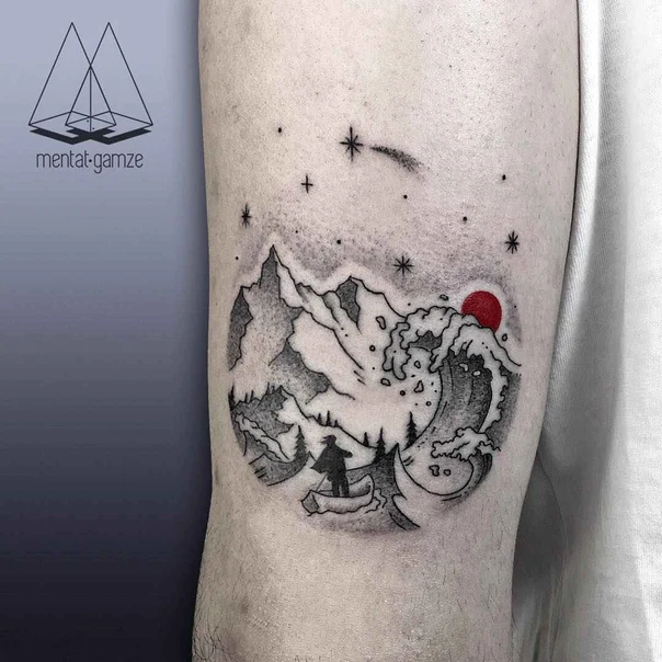 Linework Mountain, Wave tattoo on Forearm