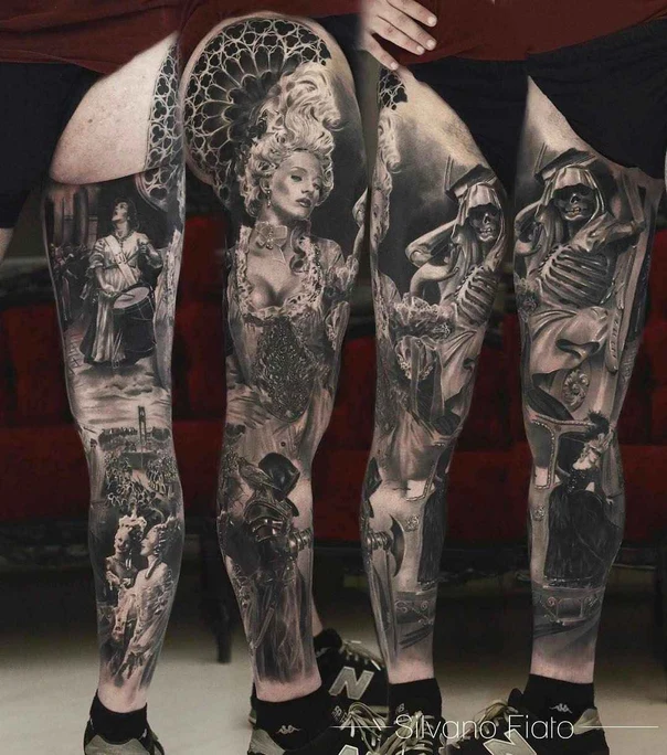Realism Portrait, Skeleton tattoo on Full leg