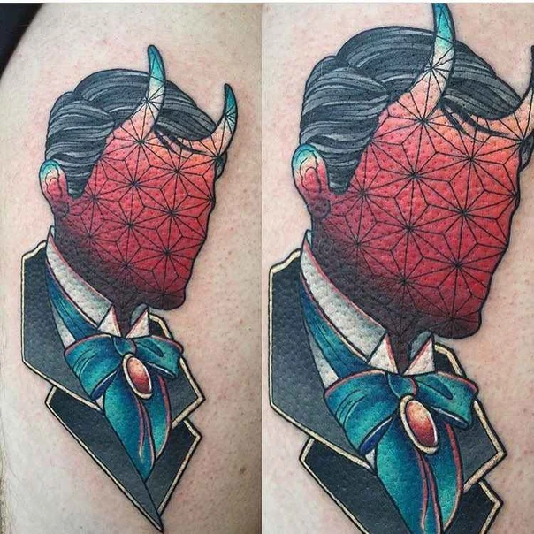 Geometric Demon, Portrait tattoo on Shoulder