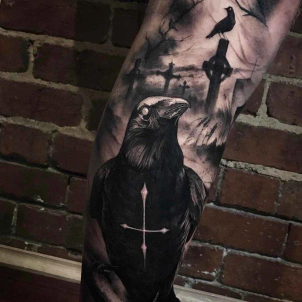 Black & Grey Crow, Cross tattoo on Forearm