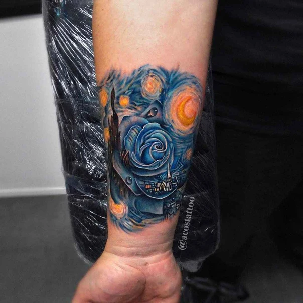 Illustrative Rose, Landscape tattoo on Forearm