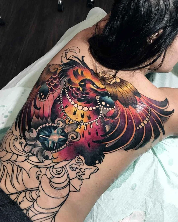 Neo Traditional Phoenix, Ornamental tattoo on Upper Back