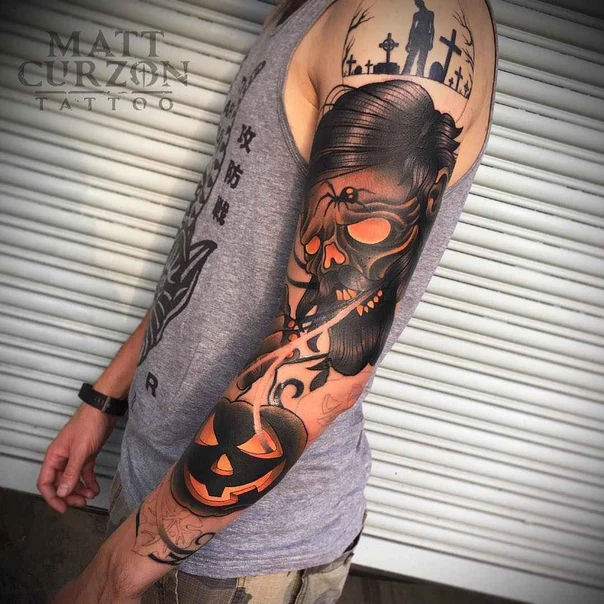 Neo Traditional Skull, Pumpkin tattoo on Full Sleeve