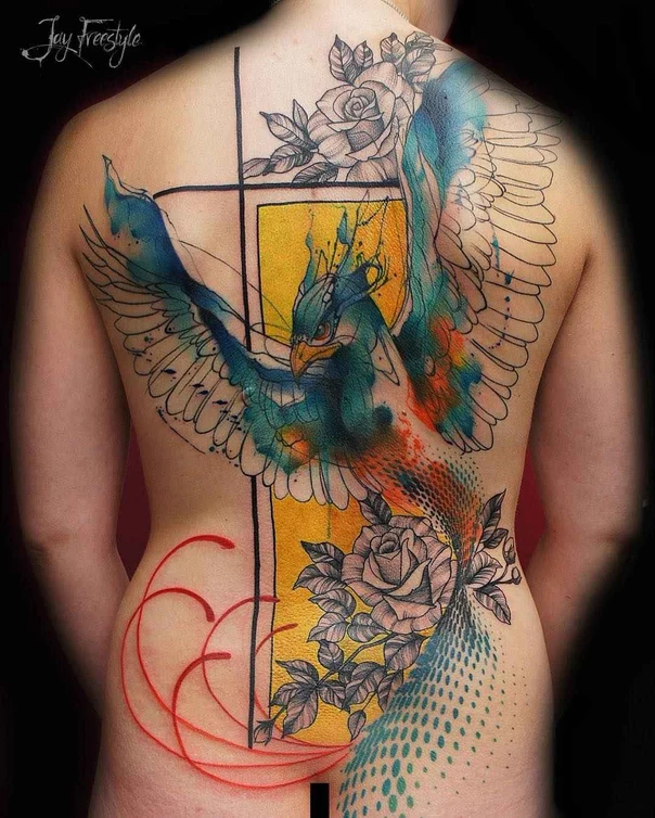 Watercolor Phoenix, Rose tattoo on Full Back
