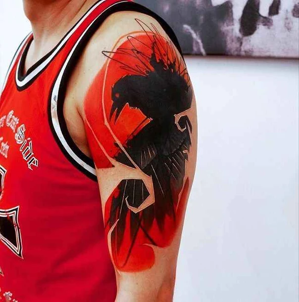 Illustrative Crow tattoo on Upper Arm