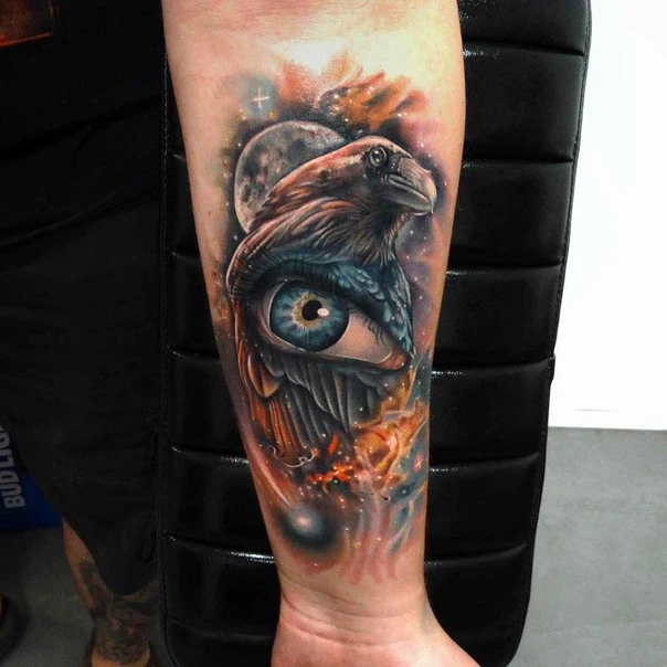 Realism Eye, Raven tattoo on Forearm