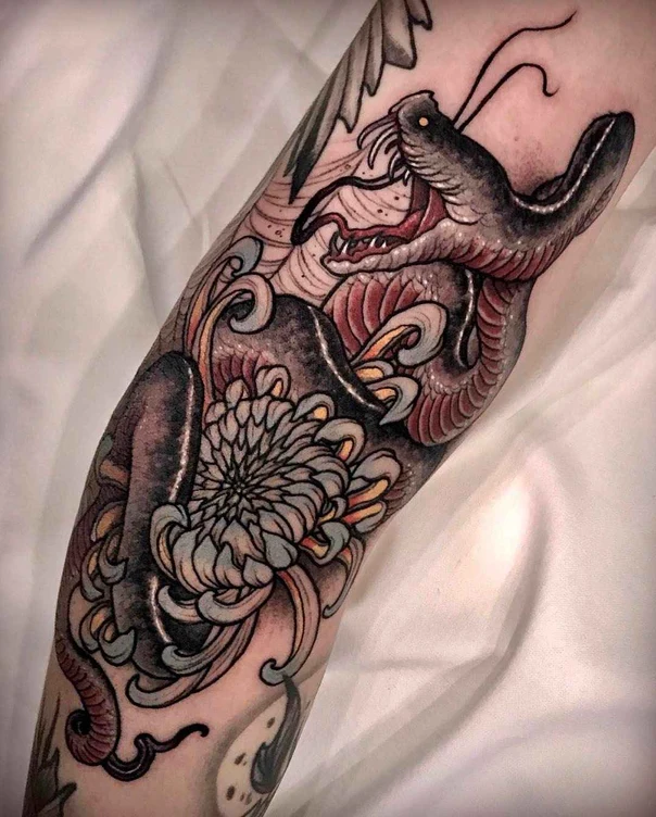 Japanese Snake, Flower tattoo on Forearm