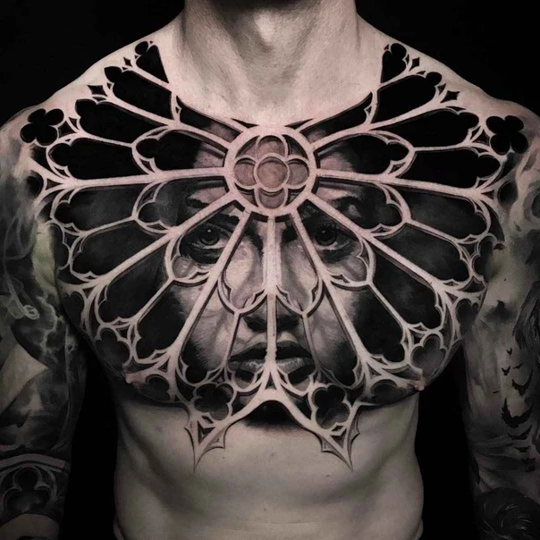 Black & Grey Face, Stained glass tattoo on Chest