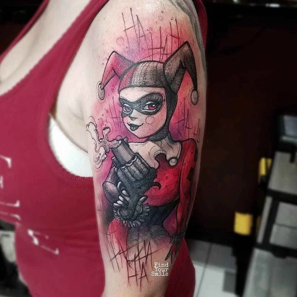 Cartoon Harley quinn, Gun tattoo on Upper Arm