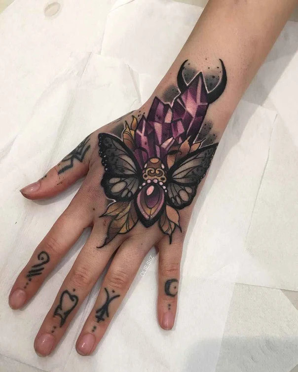 Neo Traditional Butterfly, Crystal tattoo on Back of Hand