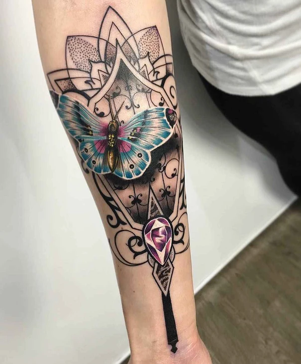 Illustrative Butterfly, Mandala tattoo on Forearm