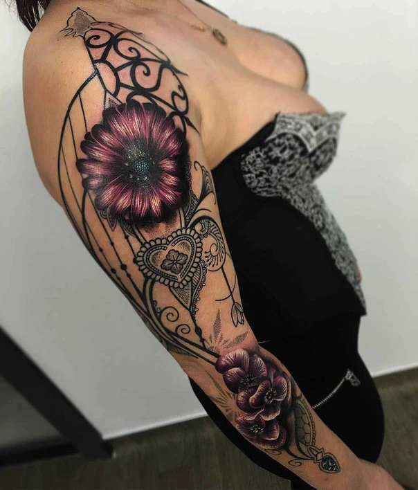 Illustrative Flower, Heart tattoo on Full Sleeve