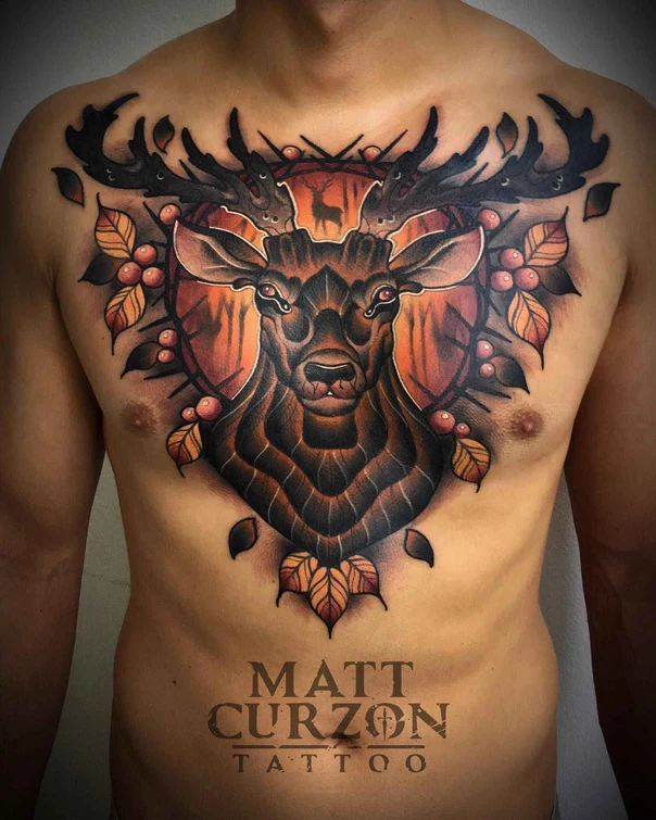 Neo Traditional Deer, Leaves tattoo on Chest