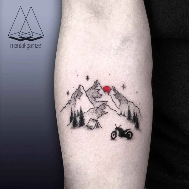 Linework Mountains, Motorcycle tattoo on Forearm