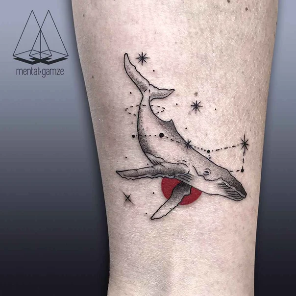 Linework Whale, Stars tattoo on Calf