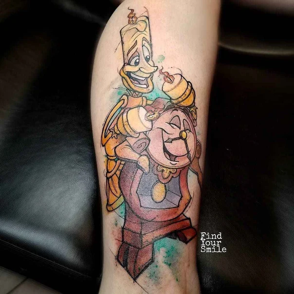 Cartoon Beauty and the beast, Candle tattoo on Calf