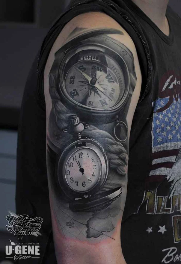 Realism Compass, Pocket watch tattoo on Full Sleeve