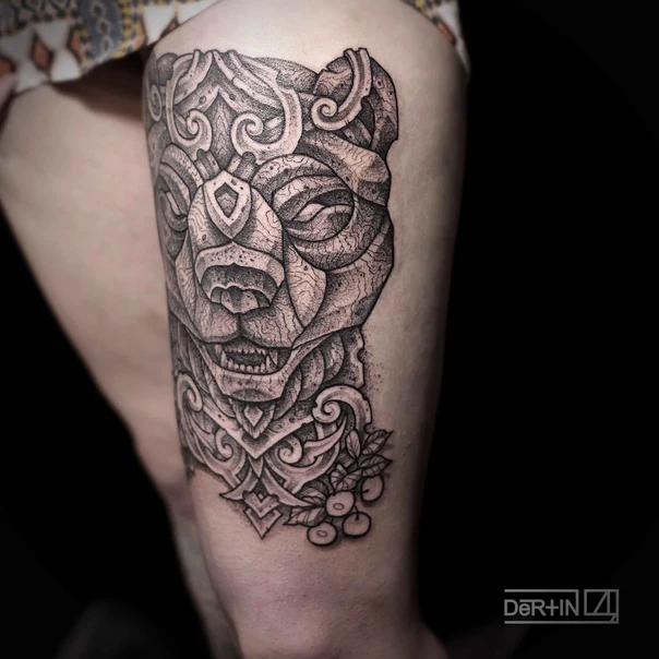 Блэкворк Bear, Floral tattoo на Thigh